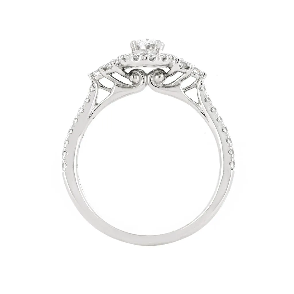 0.95ctw Oval Diamond Engagement Ring, Trio Cluster, Halo, Pavê Band - 14K White Gold