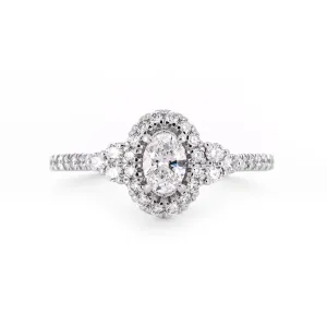 0.95ctw Oval Diamond Engagement Ring, Trio Cluster, Halo, Pavê Band - 14K White Gold