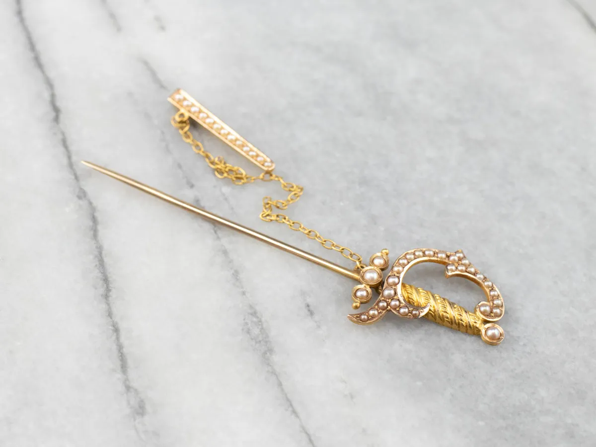 Antique Sword Seed Pearl Stick Pin