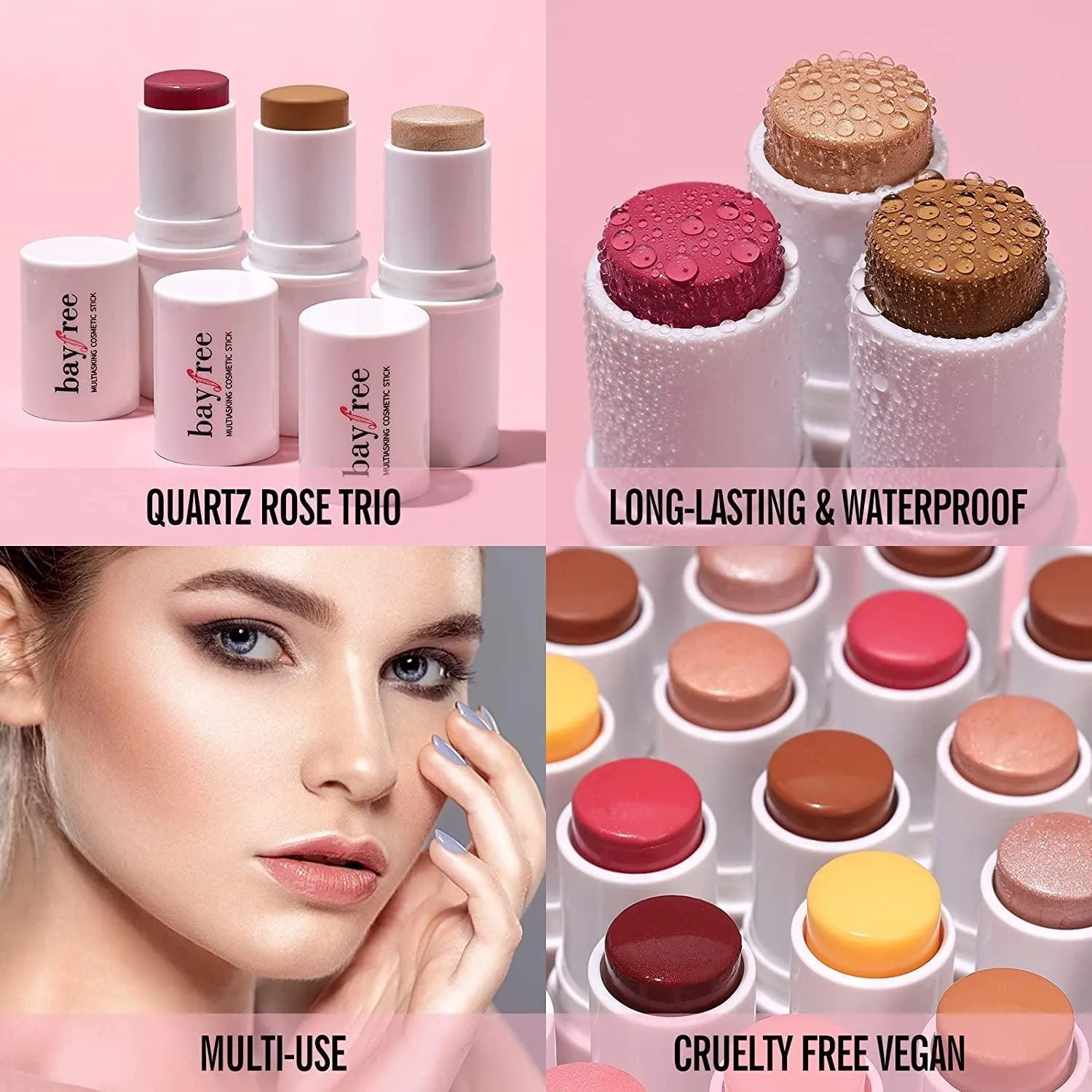 Multi Stick Trio Face Makeup, Cream Blush Stick for Cheeks & Lips, Contour Stick & Highlighter Makeup Sticks for All Skin