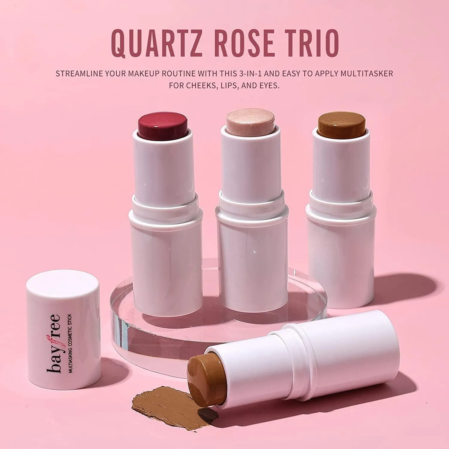 Multi Stick Trio Face Makeup, Cream Blush Stick for Cheeks & Lips, Contour Stick & Highlighter Makeup Sticks for All Skin