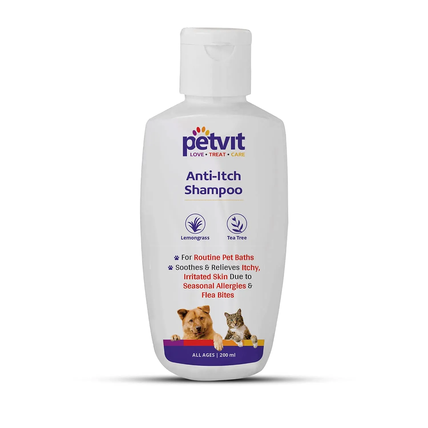 Petvit Anti Itch Shampoo with Tea Tree Oil & Lemon Grass Oil | for All Breed Dogs/Cats Helps with rashes,Ticks,Fleas - 200ml