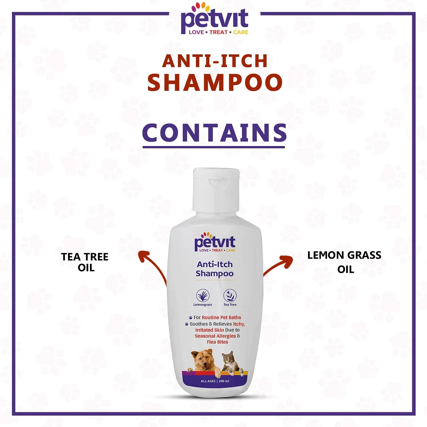 Petvit Anti Itch Shampoo with Tea Tree Oil & Lemon Grass Oil | for All Breed Dogs/Cats Helps with rashes,Ticks,Fleas - 200ml