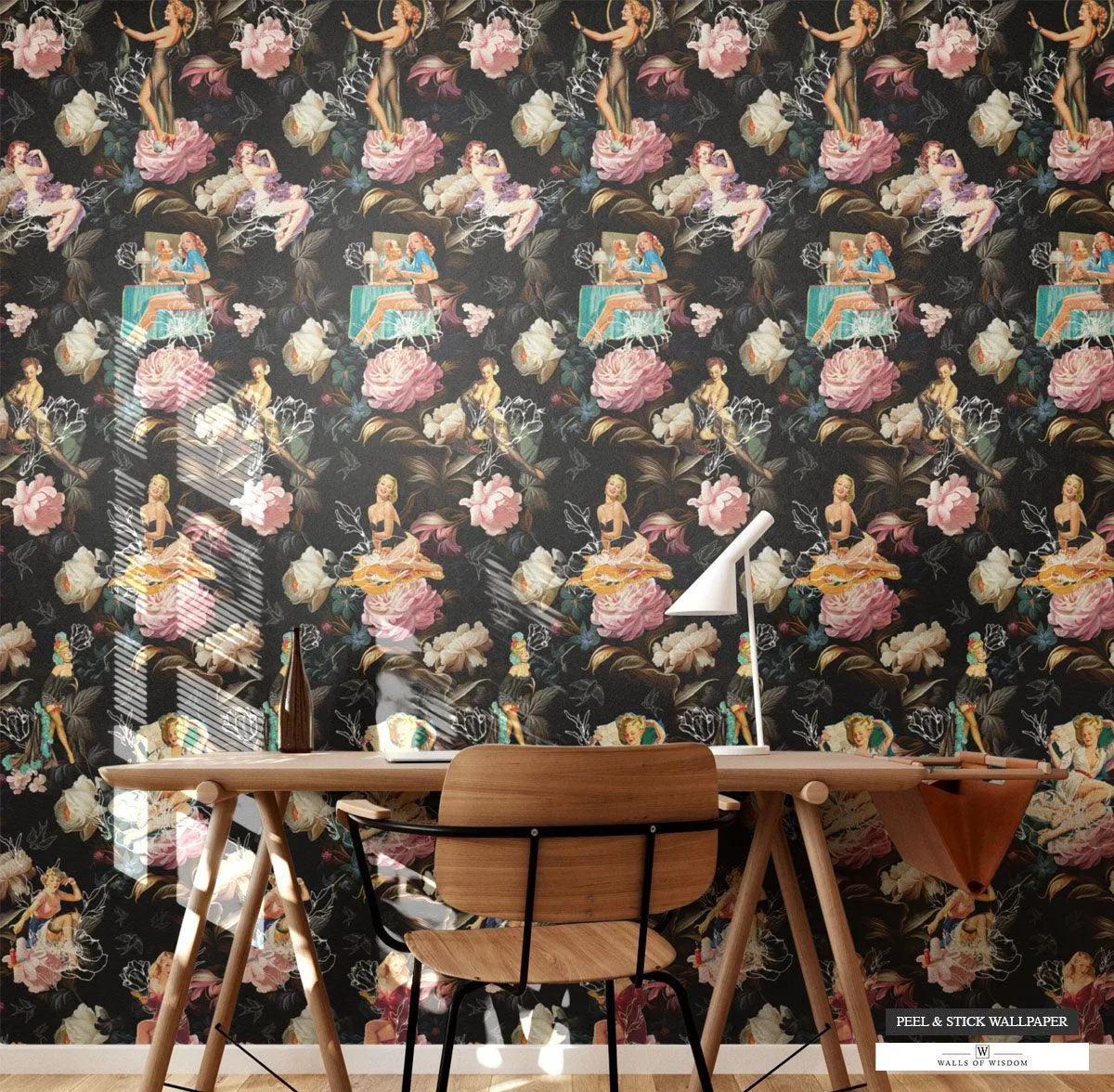 Pinup Girl & Moody Dark Pink Rose Wallpaper - Easy Peel and Stick