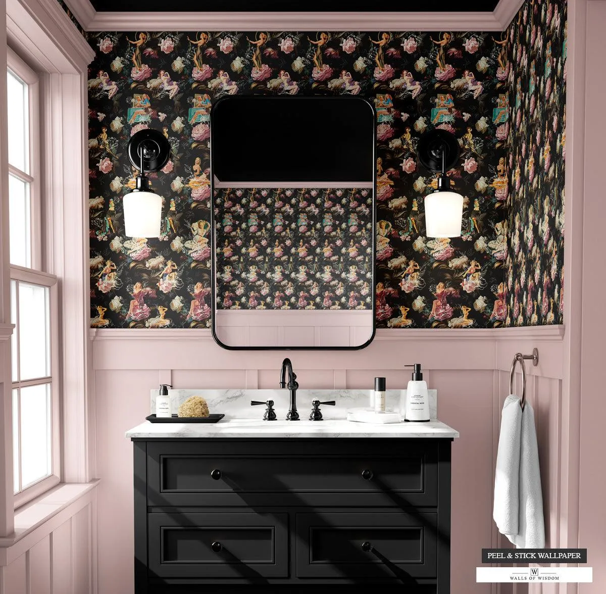 Pinup Girl & Moody Dark Pink Rose Wallpaper - Easy Peel and Stick